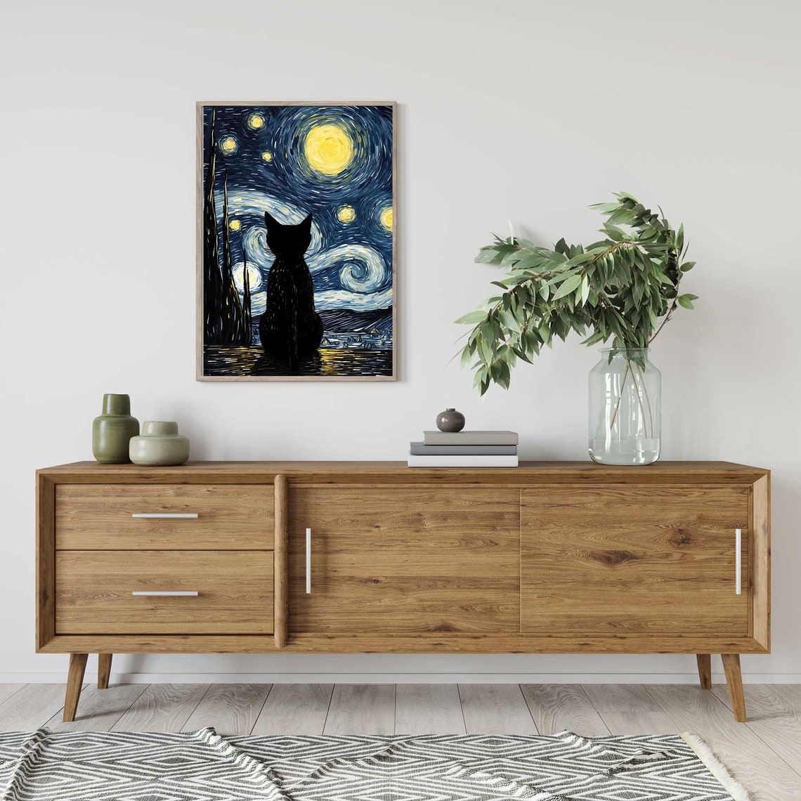 Black Cat Watching Starry Night Sky Van Gogh Style Cat Lover Poster - Image 3