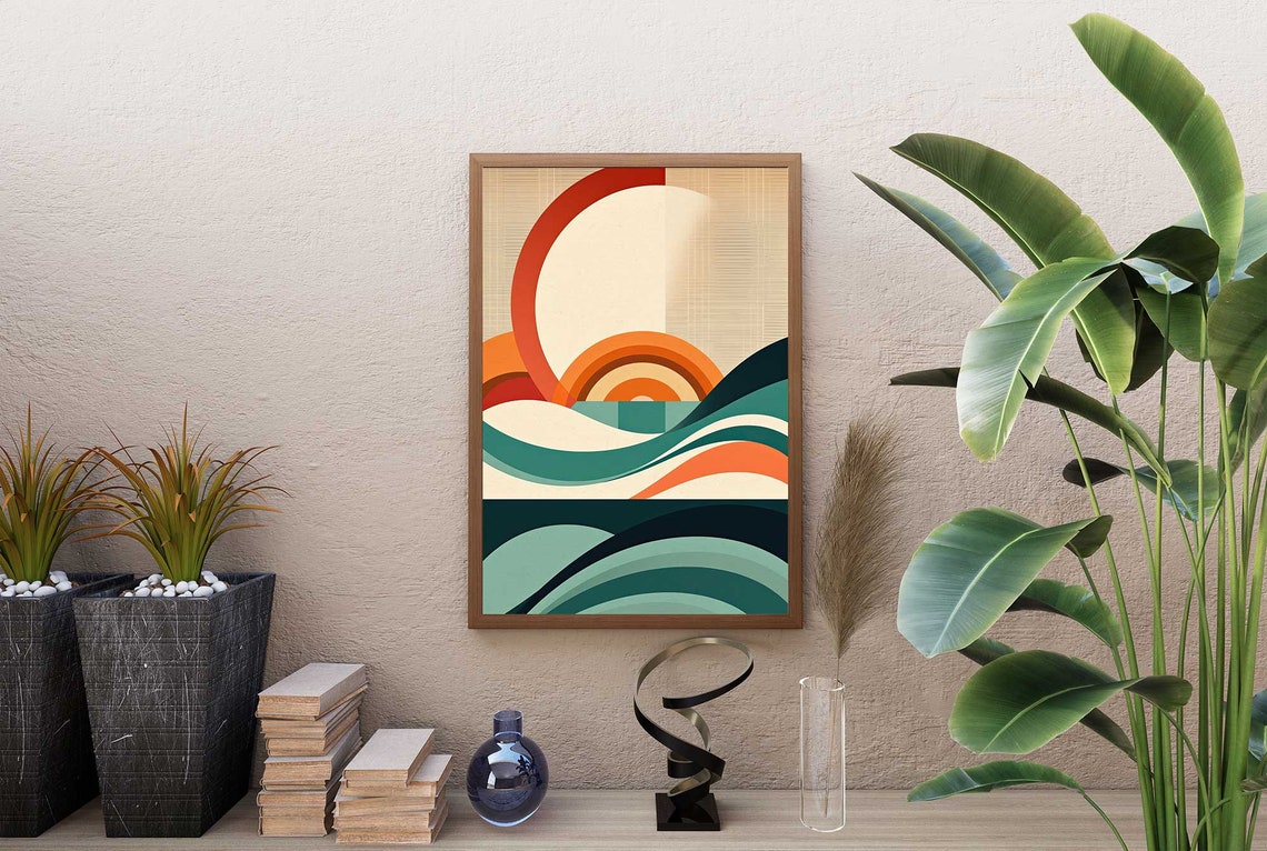 Mid Century Modern Ocean Sunrise With Retro Wave Curves Poster - Image 2