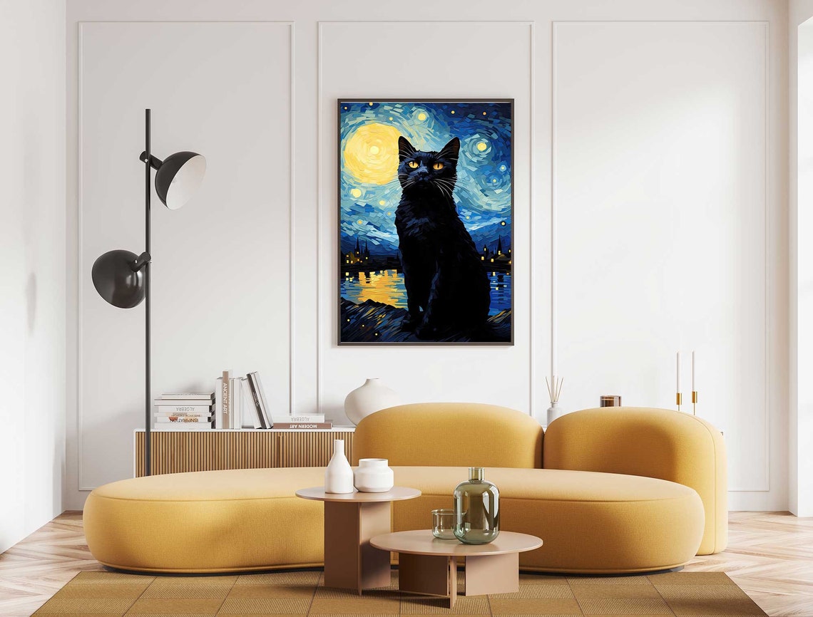 Black Cat Silhouette Under Giant Moon Starry Mosaic Night Poster - Image 3