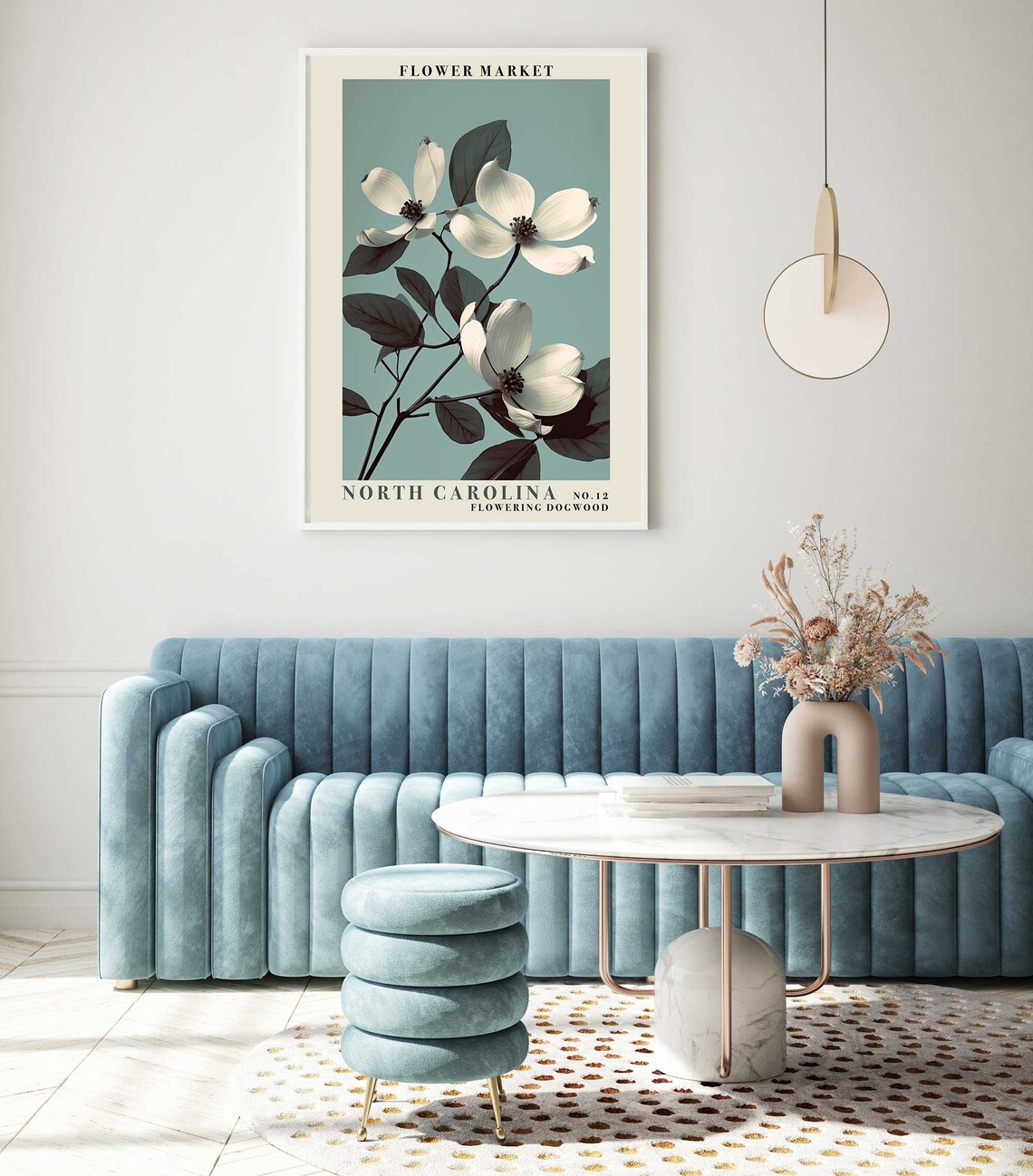 North Carolina Dogwood Blooms on Teal Botanical Flower Market Poster - Image 4