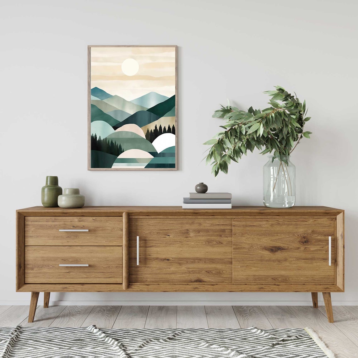 Mid Century Modern Layered Mountain Landscape With Sun Poster - Image 3