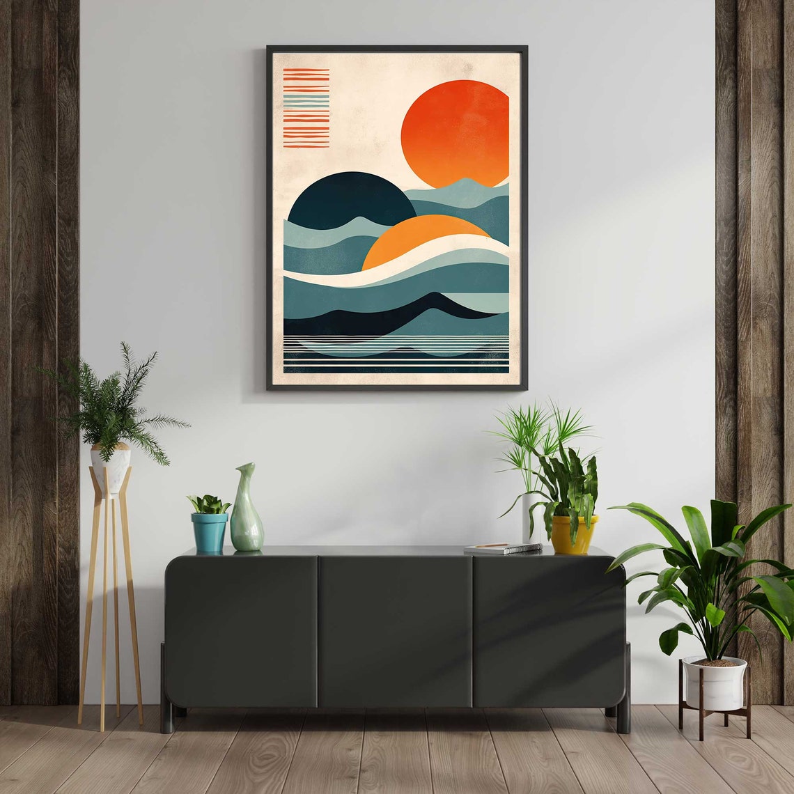 Mid Century Modern Abstract Ocean Sunset With Retro Waves Poster - Image 3