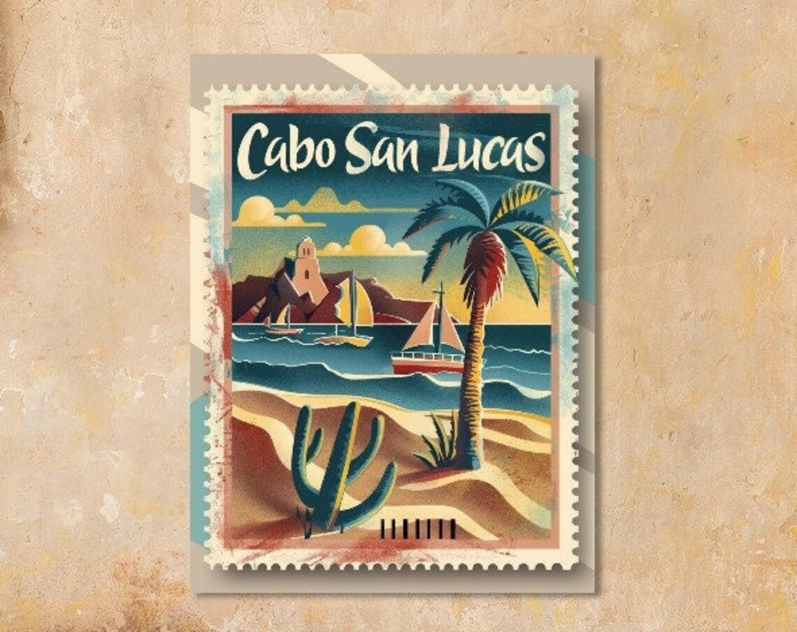 Cabo San Lucas Sunset Sailboats Palm Tree Vintage Stamp Poster
