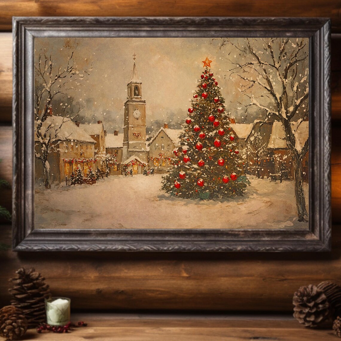 Snowy Town Square Christmas Scene Vintage Holiday Art Wall Poster
