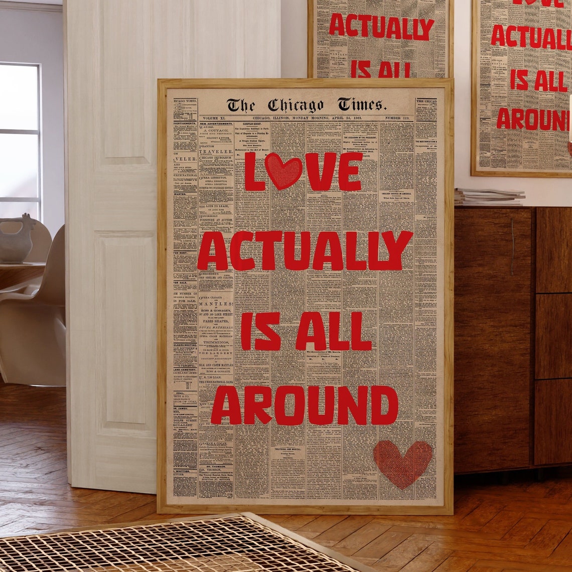 Love Actually Is All Around Red Letters Vintage Newspaper Poster