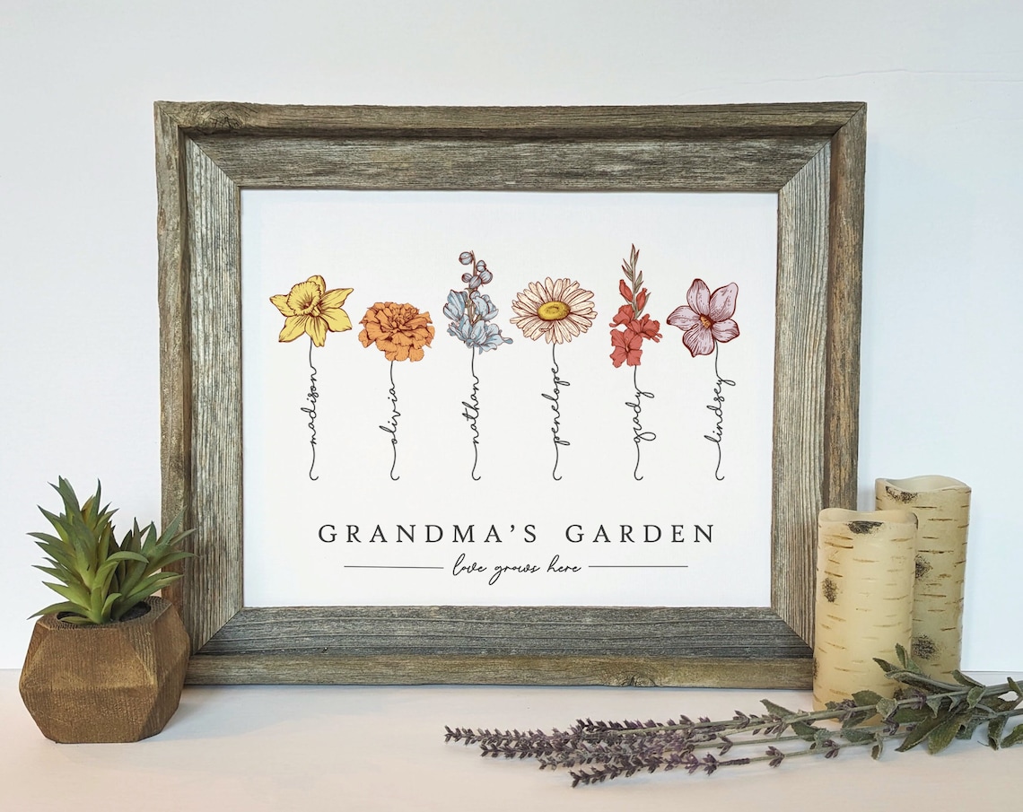 Grandma's Garden Birth Month Flower Bouquet Personalized Art Print