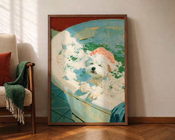 Maltese Bathroom Wall Art Print White Dog Bathtub Poster Funny Whimsical Colourful Bath Decor