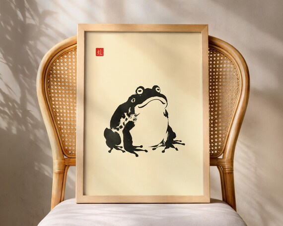 Japanese Frog Poster Matsumoto Hoji Inspired Print Sengai Gibon Hakuin Ekaku Style Vintage Zen Art Funny Animal Gift