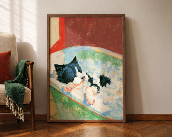 Border Collie Bathroom Print Funny Dog In Bathtub Wall Art Relaxing Bubble Bath Poster Cute Pet Decor Lover Gift