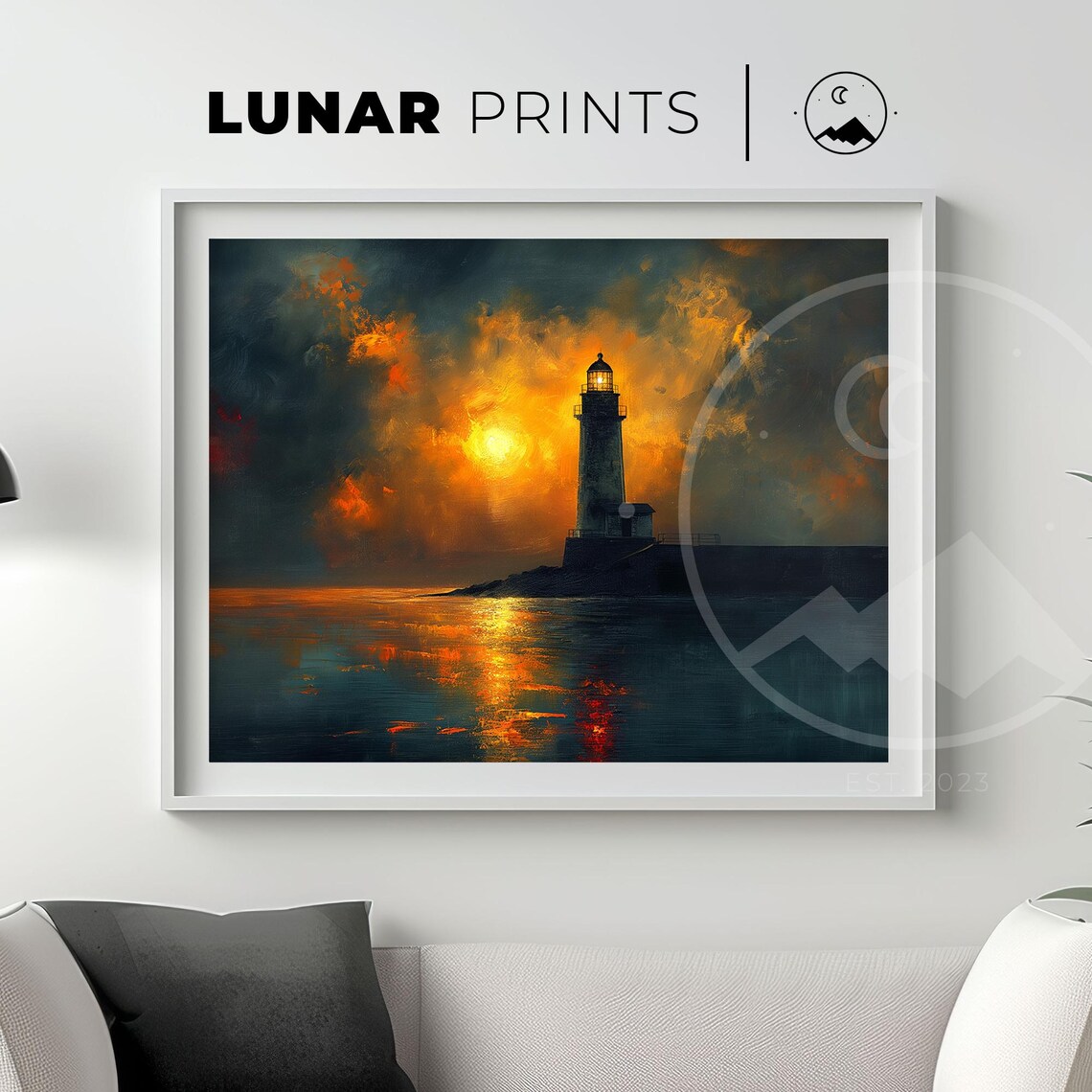 Sunset Lighthouse, Vintage Coastal Landscape Art
