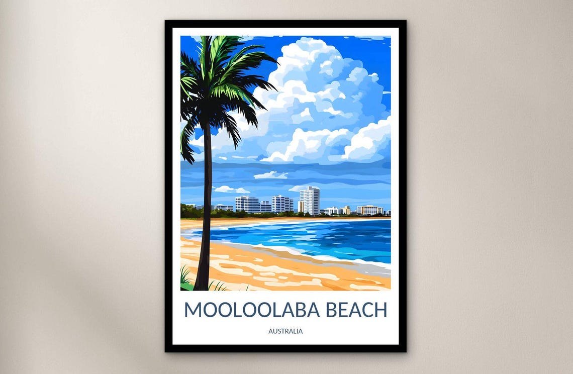 Mooloolaba Beach Australia Tall Palm Shore Retro Travel Poster