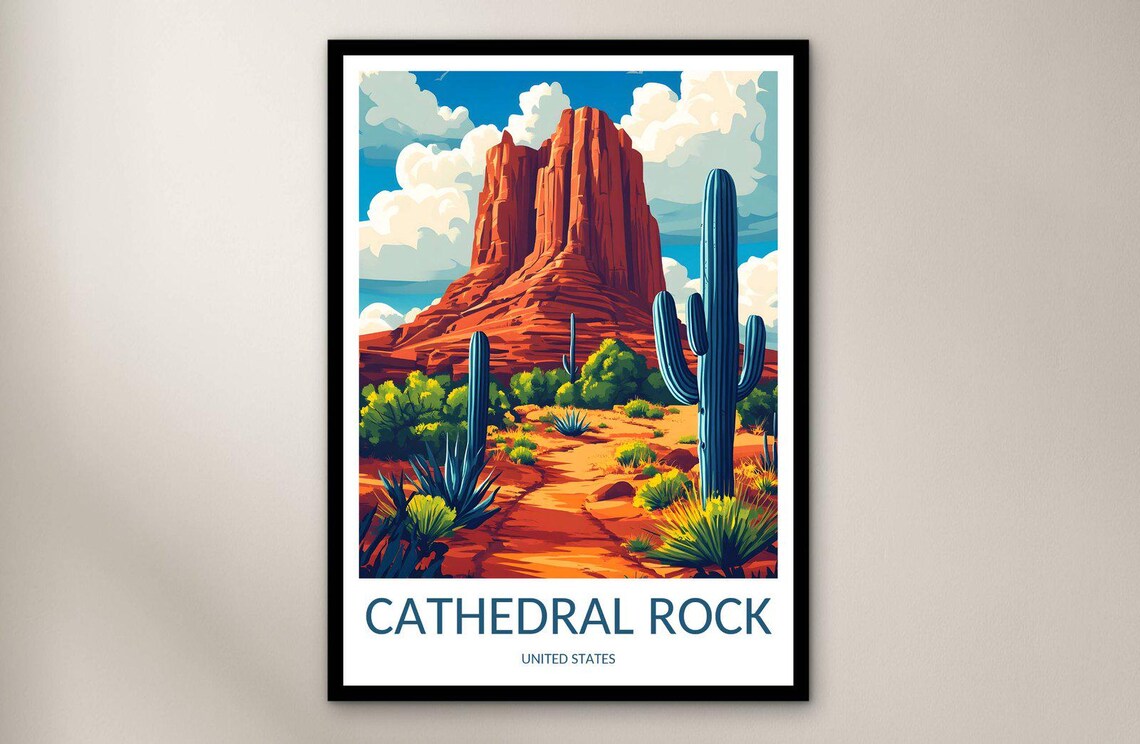 Cathedral Rock Desert Red Rock Spires Cactus Scenic Travel Poster