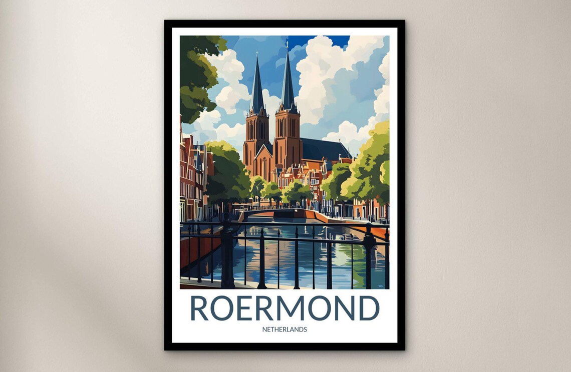 Roermond Netherlands Cathedral Twin Spires Canal Bridge Travel Poster