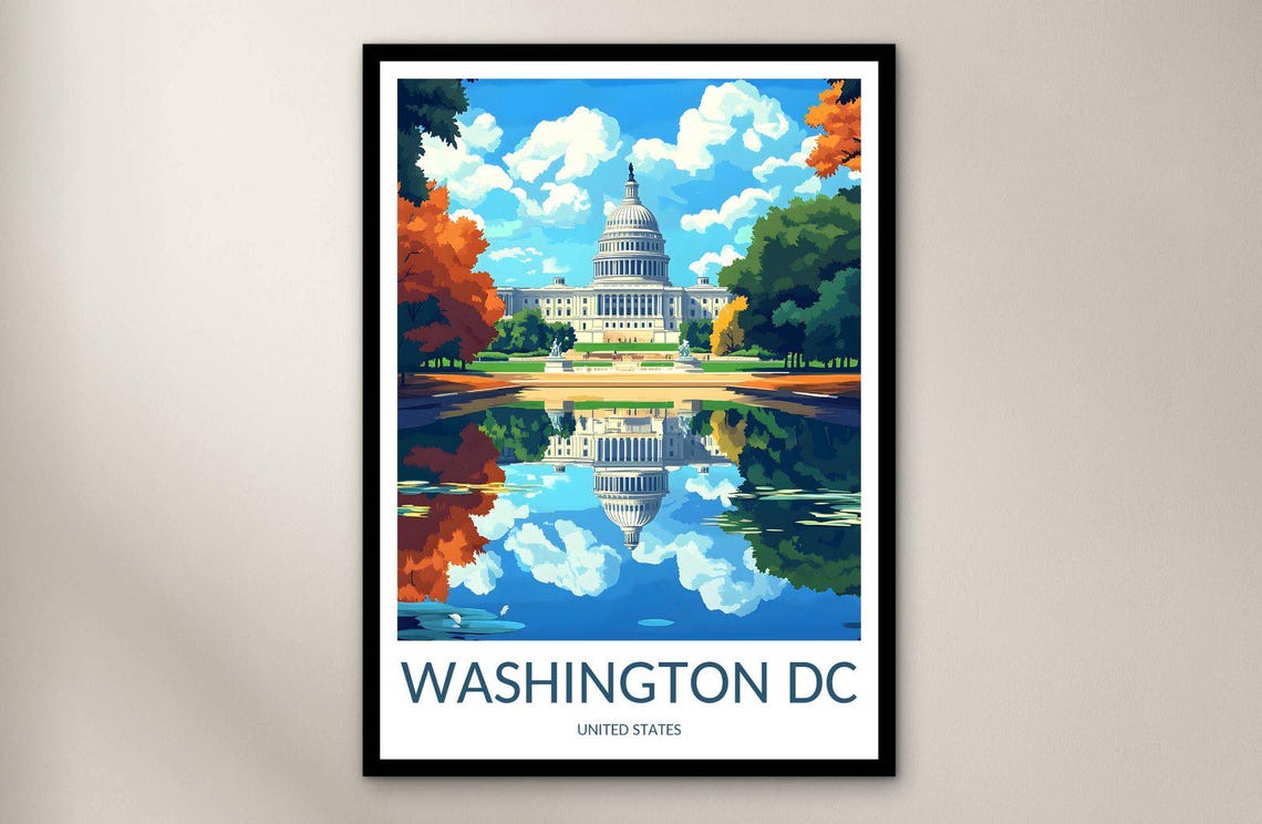 Washington DC Capitol Building Reflecting Pool Autumn Travel Poster