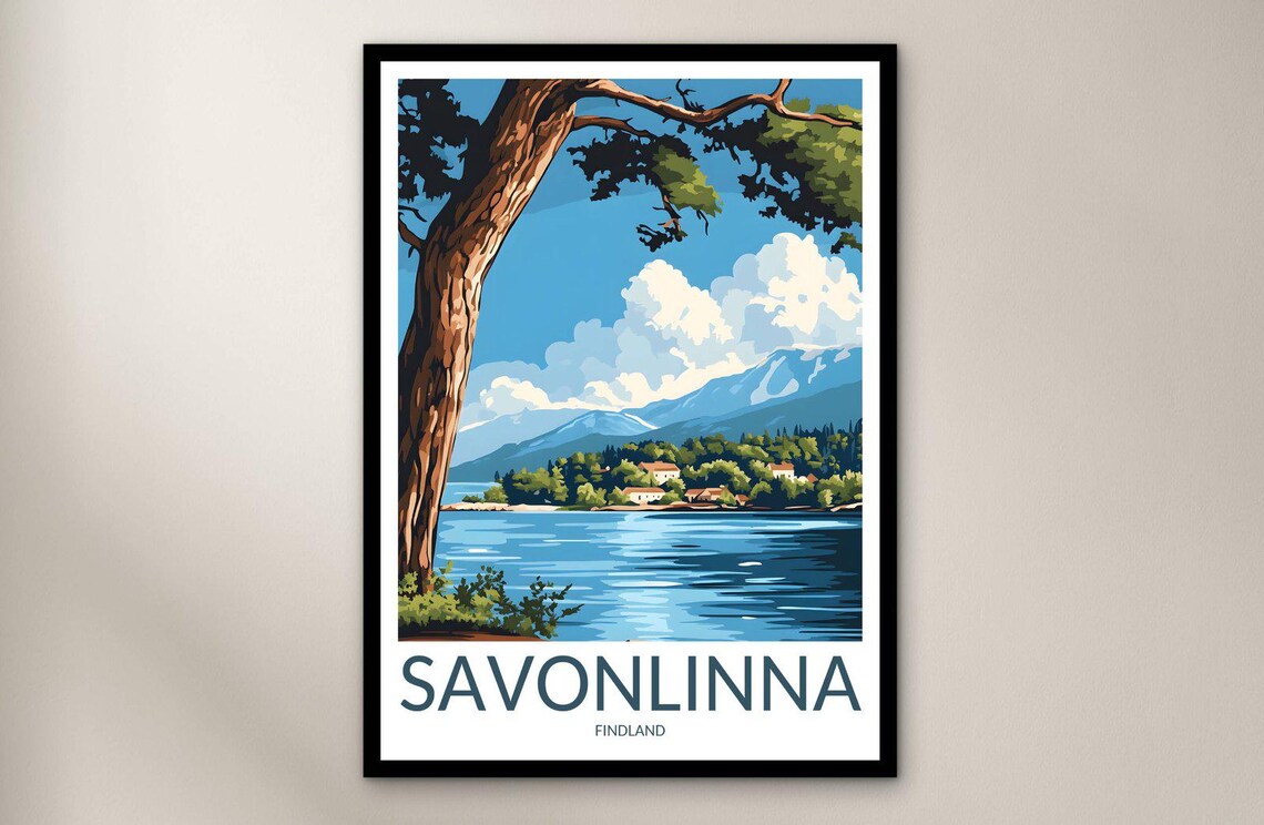 Savonlinna Finnish Lakeside Village Retro Style Travel Poster