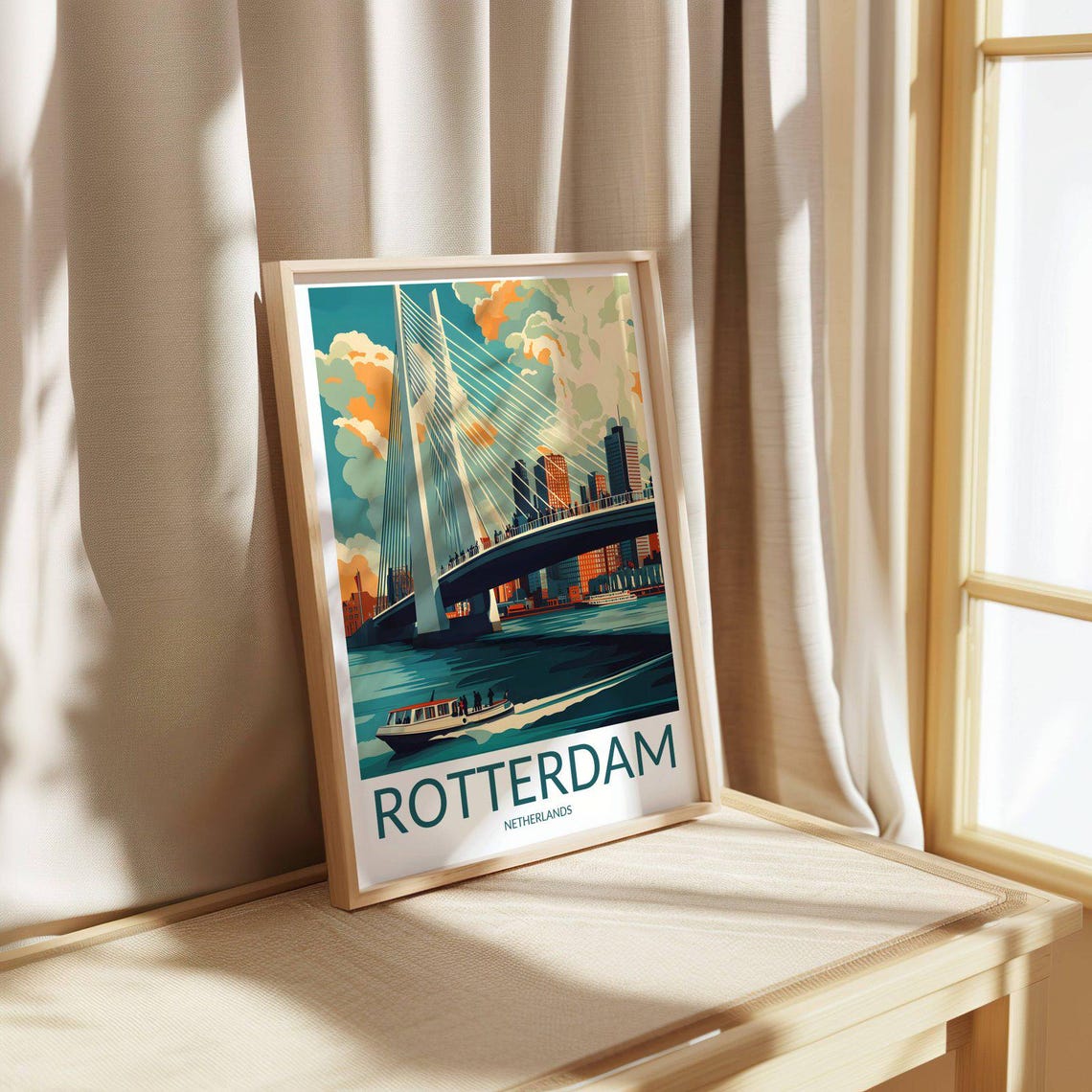 Rotterdam Netherlands Erasmus Bridge River Skyline Travel Poster - Image 4