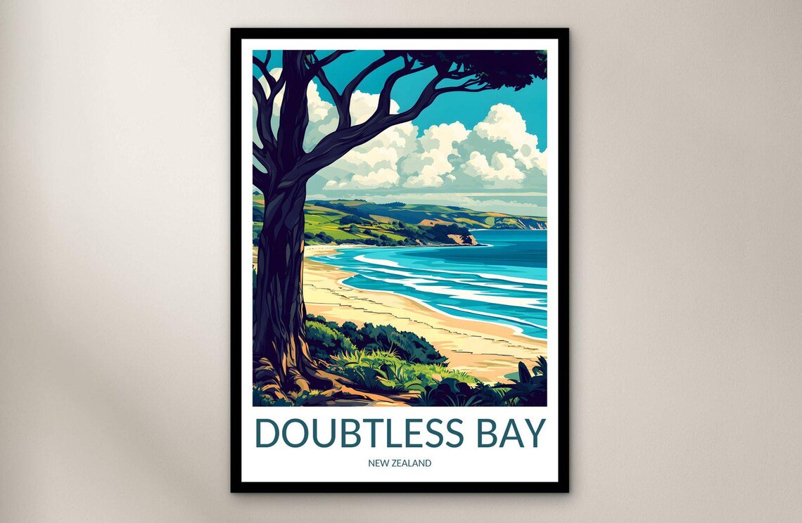 Doubtless Bay New Zealand Sandy Bay Green Hills Travel Poster