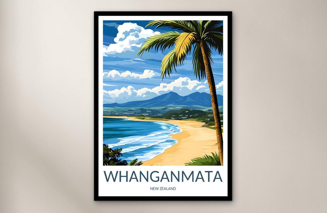Whanganmata New Zealand Palm Tree Golden Beach Scenic Poster