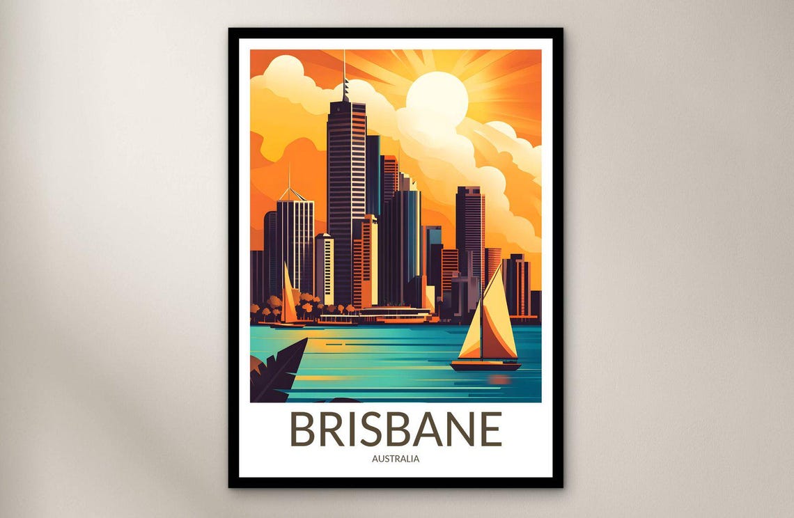 Brisbane Australia Sunset City Skyline River Sailboats Urban Poster