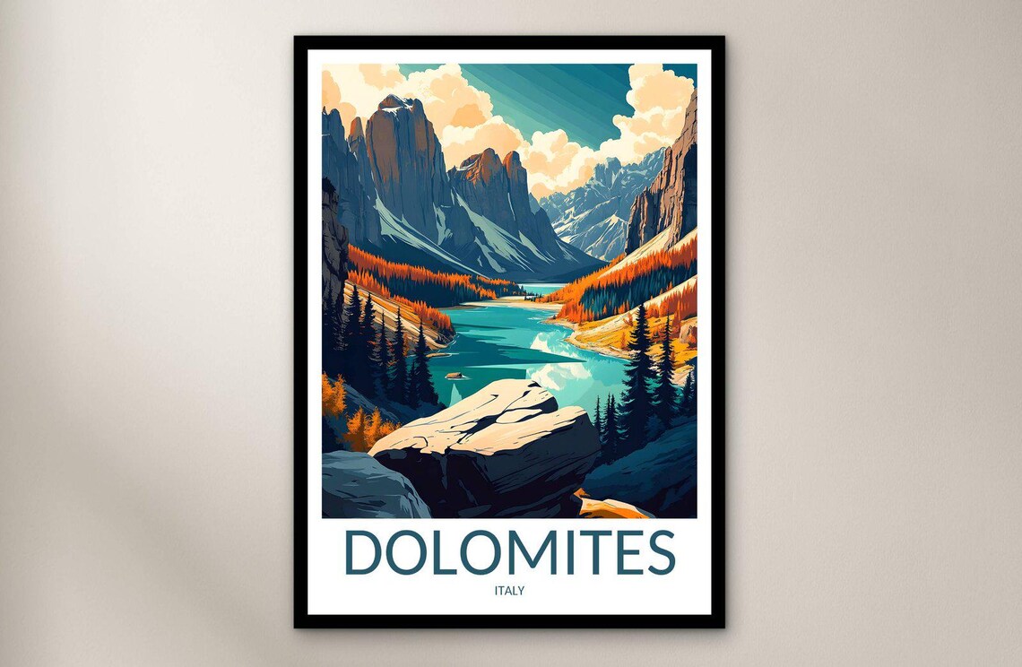 Dolomites Italy Alpine Lake Autumn Travel Poster With Peaks Art