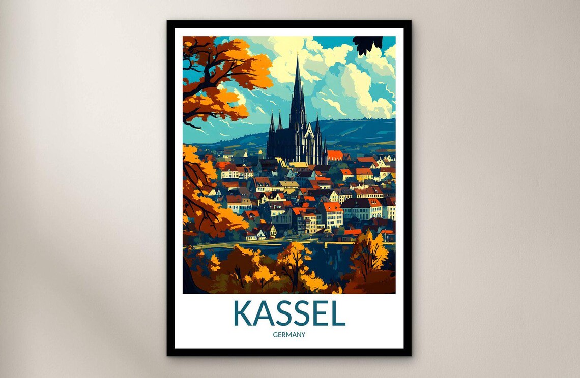 Kassel Germany Autumn Cathedral Over The Old Town Travel Poster