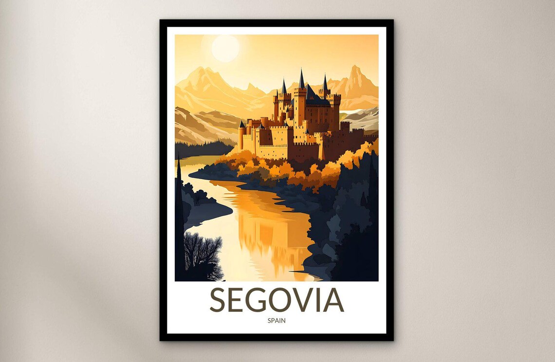 Segovia Spain Golden Hilltop Castle River Sunset Travel Poster