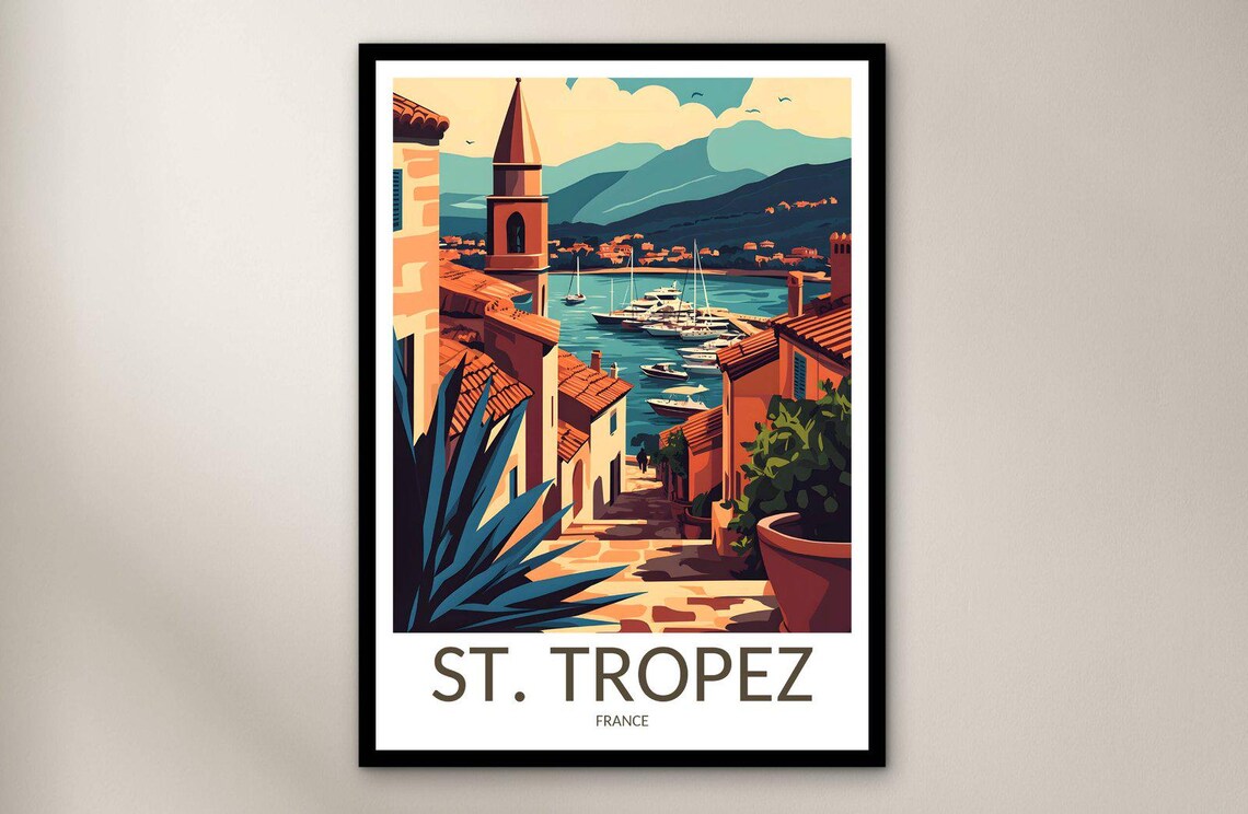 St Tropez France Marina Bell Tower Rooftops Cote d'Azur Travel Poster
