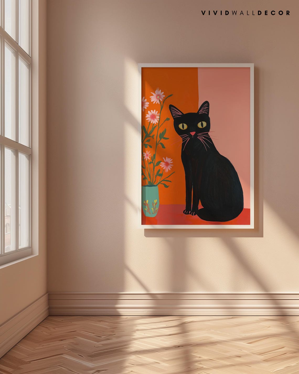 Black Cat with Pink Daisies on Warm Orange Botanical Art Poster - Image 4