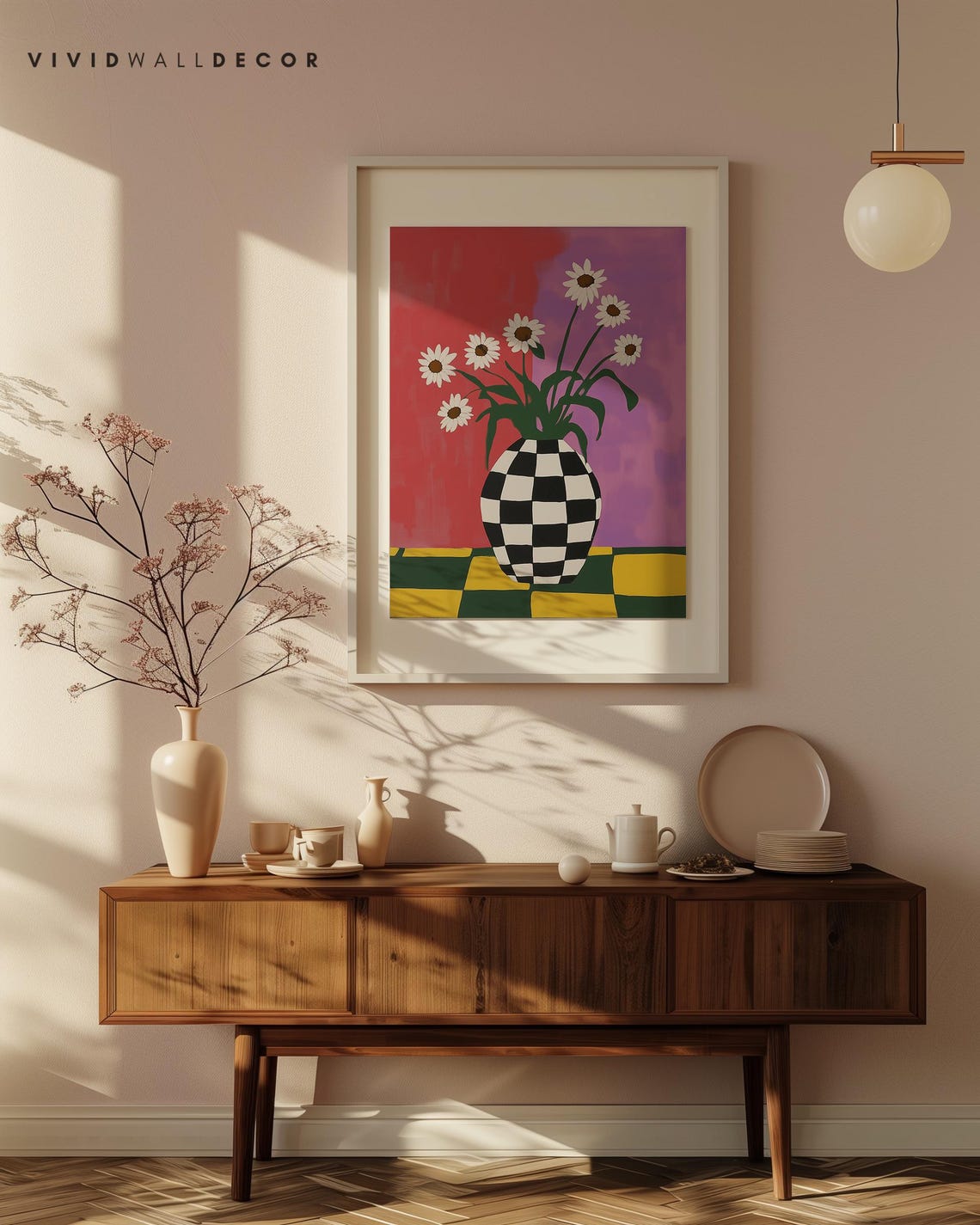 White Daisies In Checkered Vase Eclectic Retro Floral Wall Poster - Image 4