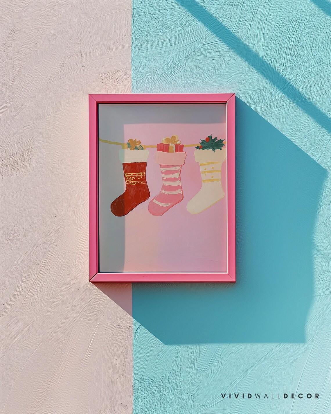 Three Christmas Stockings Hanging On Garland Pink Holiday Poster - Image 2