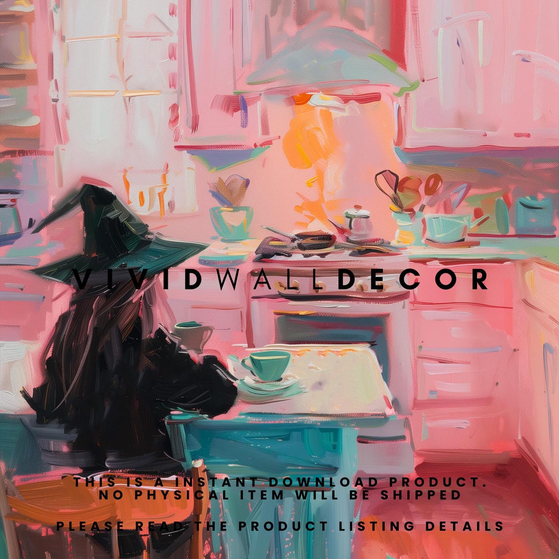 Witch Drinking Coffee in Pink Kitchen Art Poster Halloween Wall Decor - Image 2