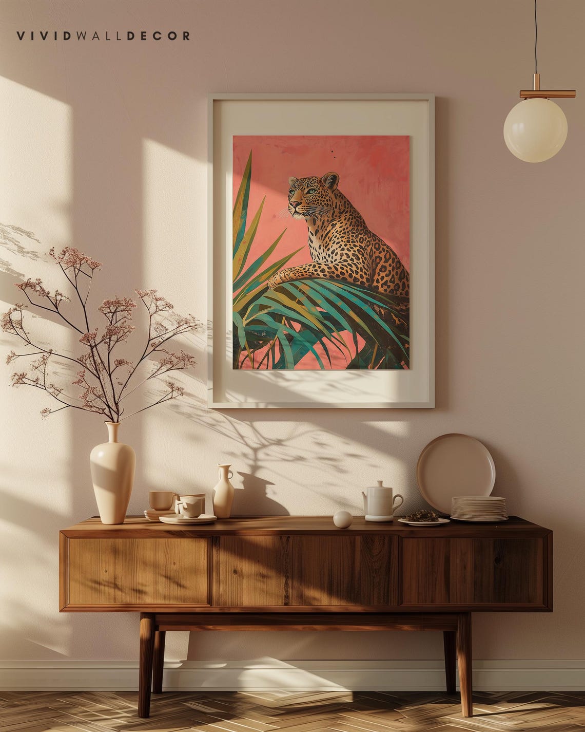 Spotted Leopard Resting on Palm Leaves Pink Background Art Poster - Image 4