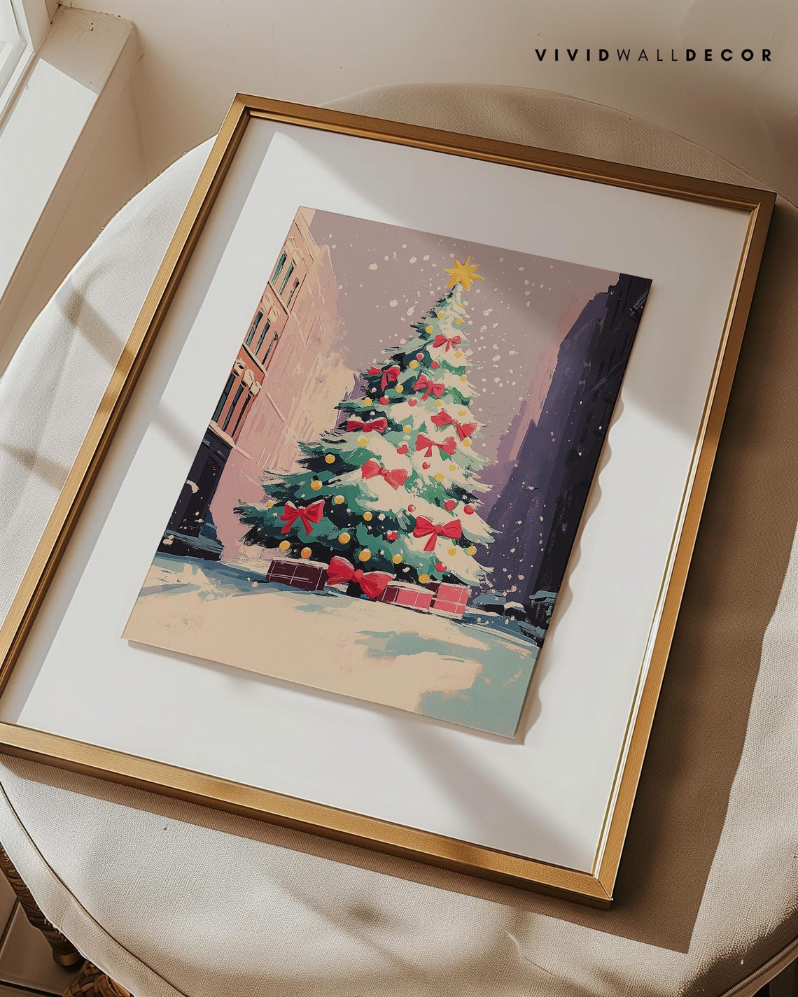 Snowy City Christmas Tree With Big Red Bows Winter Night Poster - Image 3