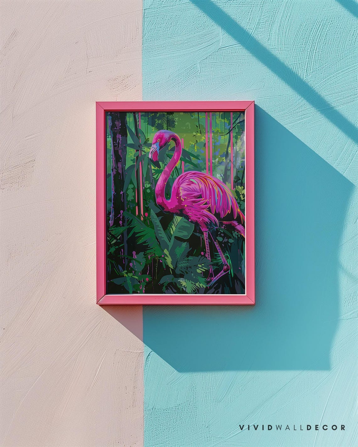 Neon Pink Flamingo in a Lush Tropical Jungle Maximalist Poster - Image 3