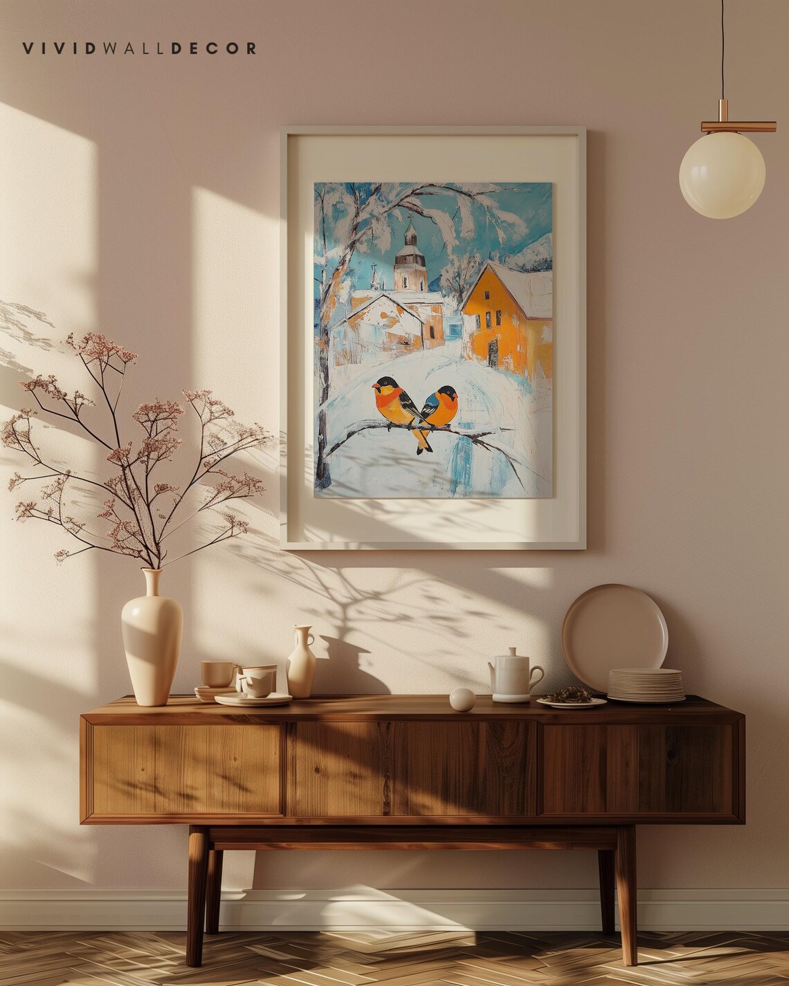 Two Finches On A Snowy Branch By A Village Church Art Poster - Image 4