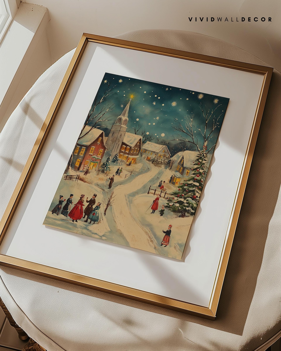 Vintage Snowy Christmas Town With Villagers And Church At Night Poster - Image 3