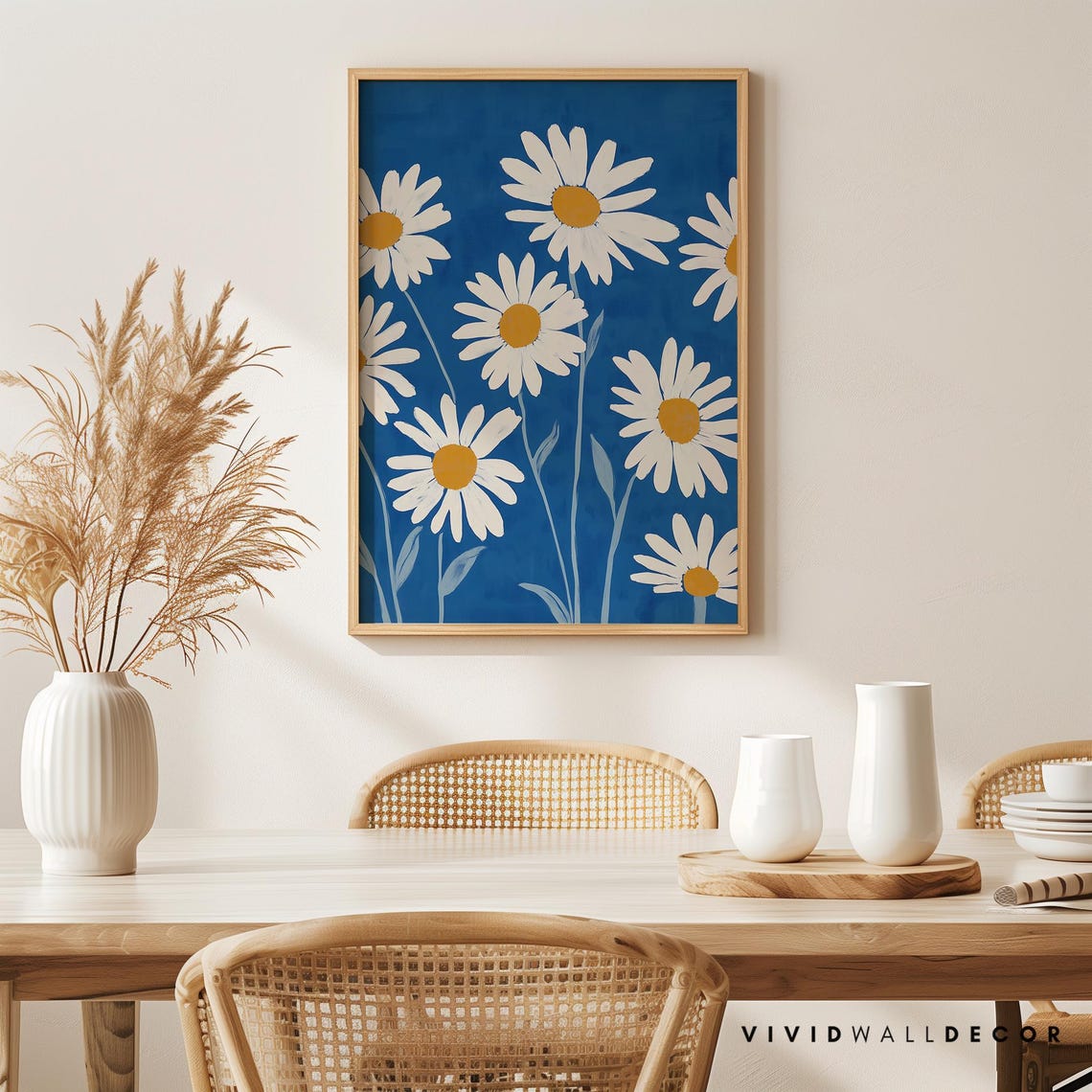 White Daisies On Deep Cobalt Blue Classic Floral Wall Poster - Image 3