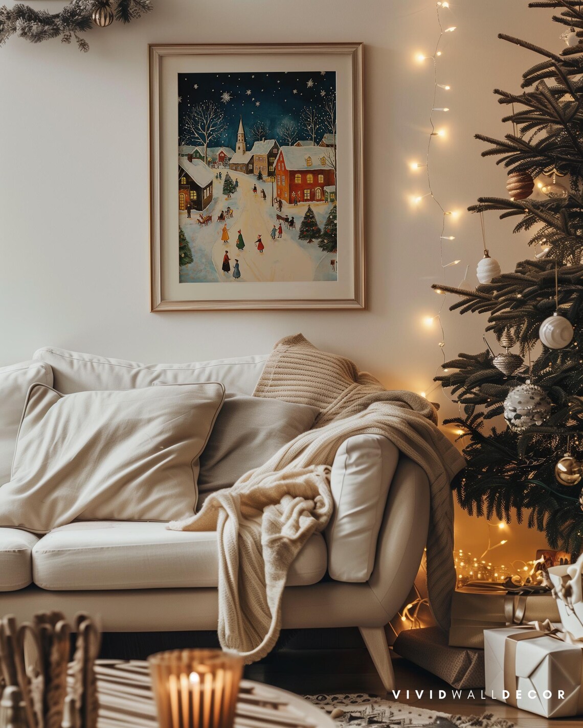 Snowy Village Christmas Eve Night Scene Folk Celebration Poster - Image 4