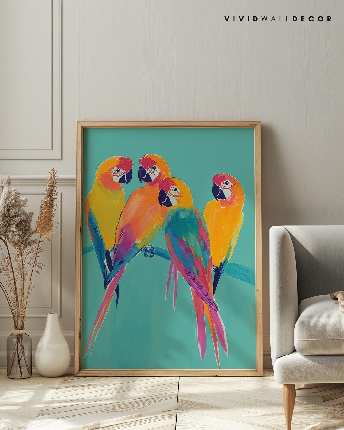 Four Rainbow-Colored Parrots Perched on a Teal Background Poster - Image 4