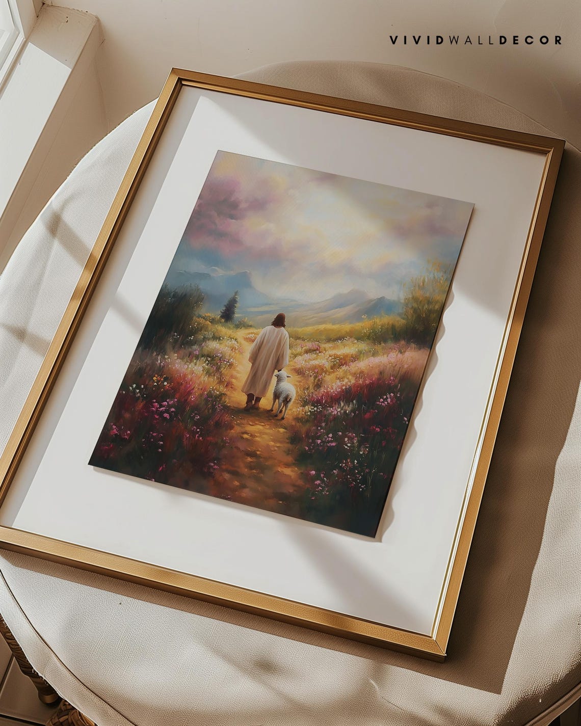 Jesus Walking With a Sheep on a Wildflower Mountain Path Poster - Image 2