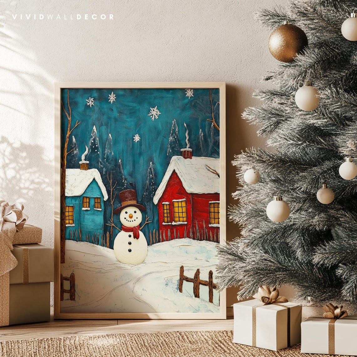 Cheerful Snowman In A Snowy Village On A Winter Night Poster - Image 4