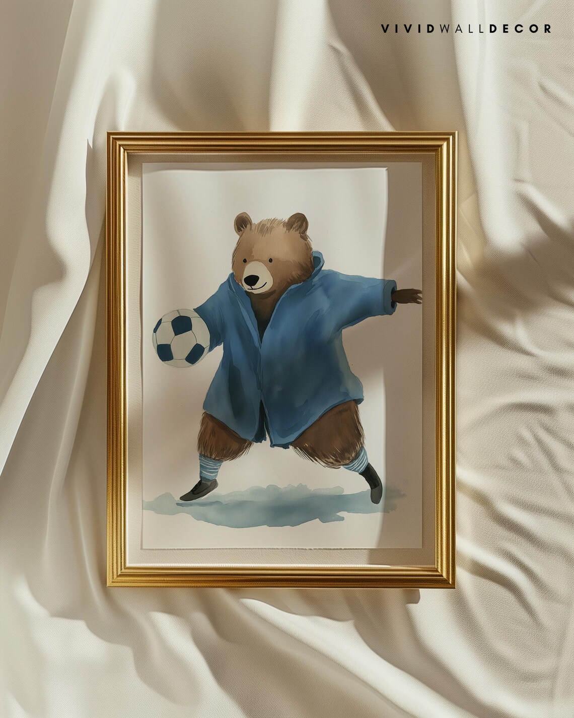Soccer Bear in Blue Watercolor Art Poster Kids Room Sports Wall Decor - Image 2