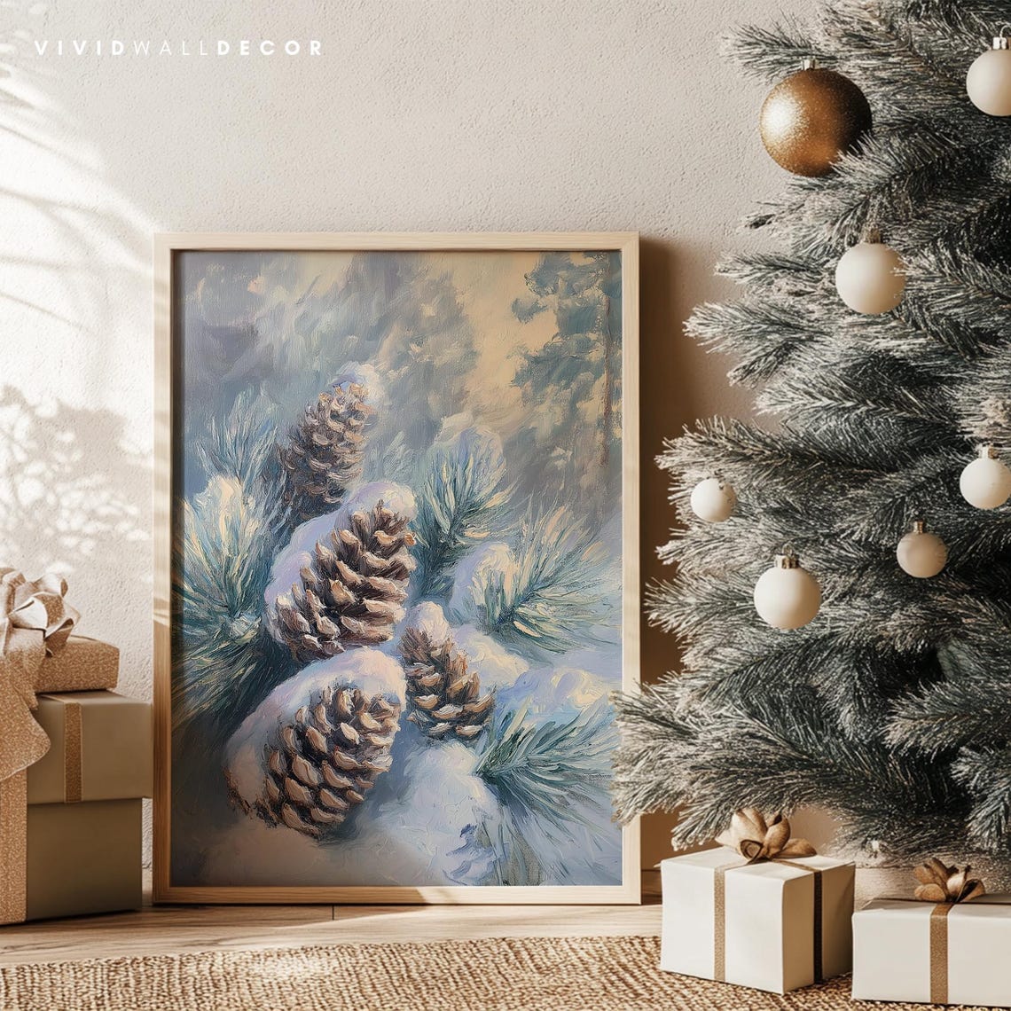 Snow Covered Pinecones Resting On Frosty Pine Branches Winter Poster - Image 4