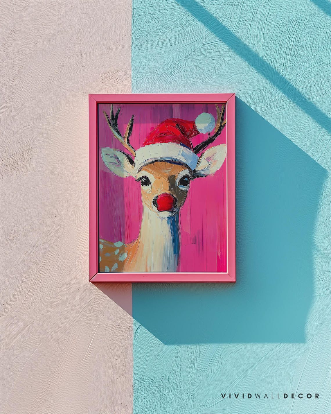 Red Nose Reindeer Wearing Santa Hat on Bold Pink Holiday Poster - Image 2