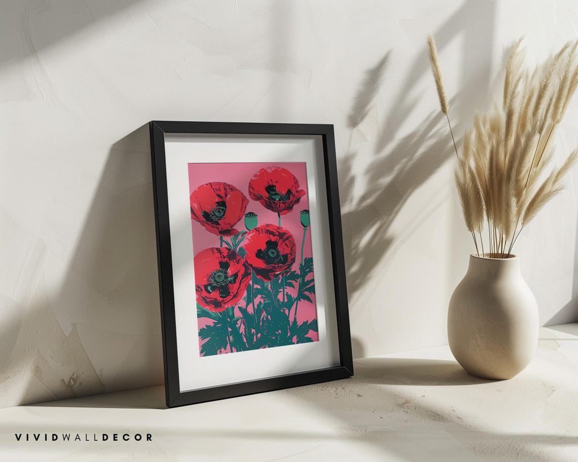 Giant Red Poppies On Pink Retro Botanical Flower Decor Poster - Image 3