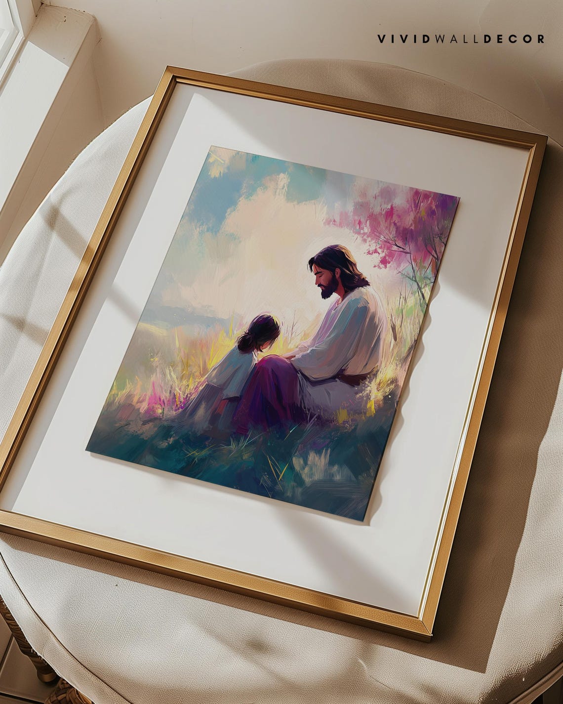 Jesus With a Child in a Colorful Meadow Christian Art Poster - Image 3