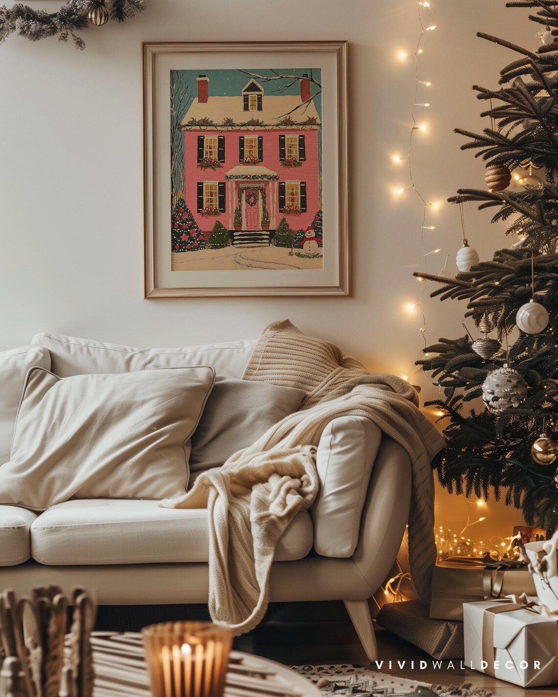 Pink Christmas House With Wreath Snowman And Garland Decor Poster - Image 4