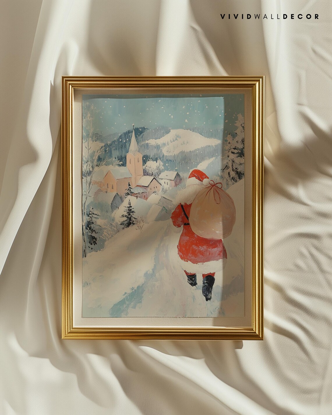 Santa Claus Carrying A Gift Sack To A Snowy Village Church Poster - Image 2
