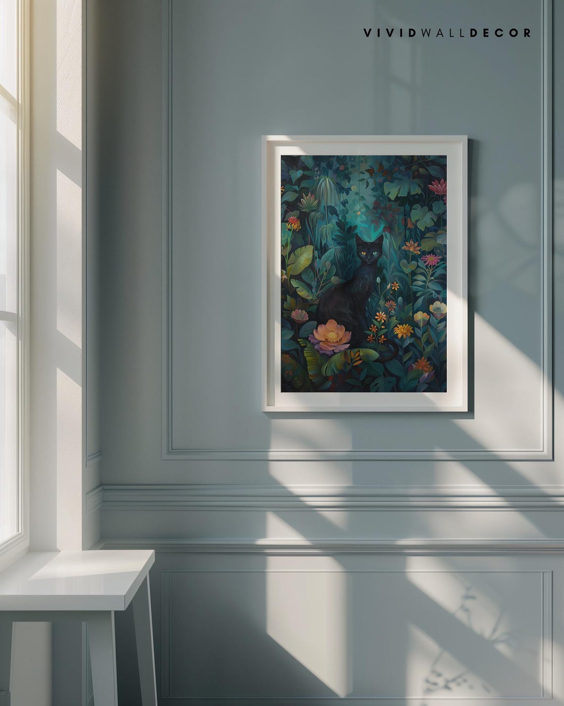 Mysterious Black Cat in a Midnight Jungle Floral Garden Poster - Image 3