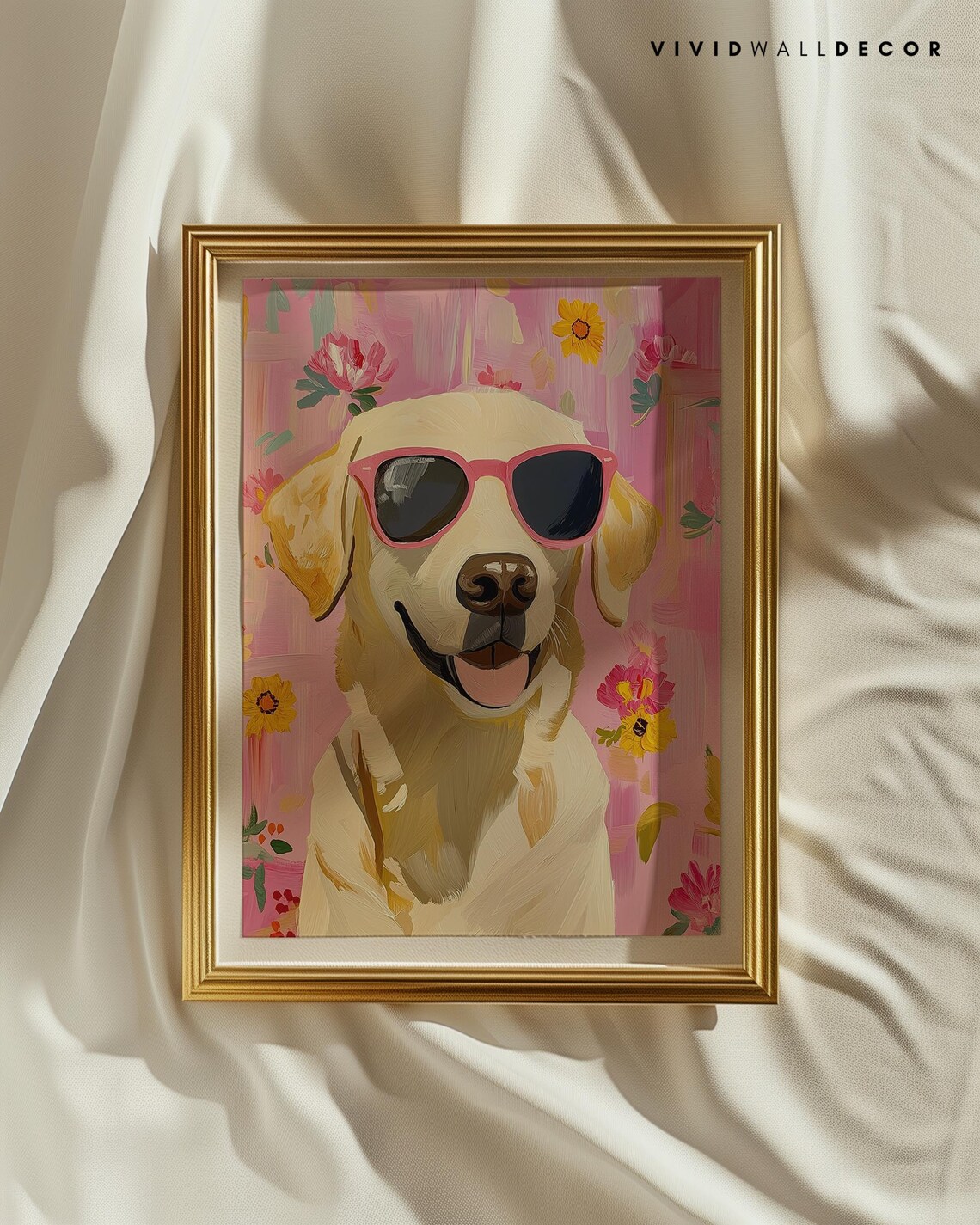 Smiling Golden Labrador in Pink Sunglasses Floral Portrait Poster - Image 2